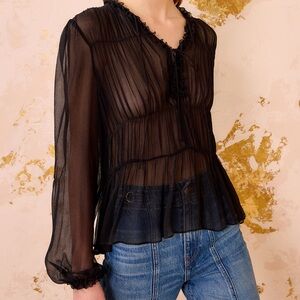 Ulla Johnson Black Silk Long Sleeve Front Tie Blouse